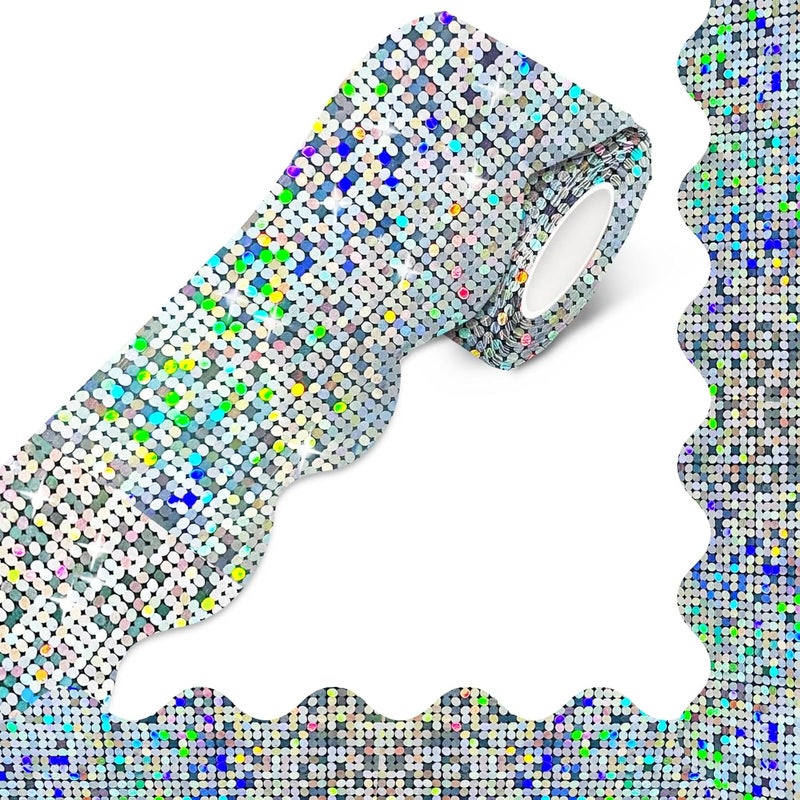 STARLIBOO 60 Feet Bulletin Board Borders, Holographic Silver Scalloped Rolled Border Trim for School, Classroom & Offices - Image 1